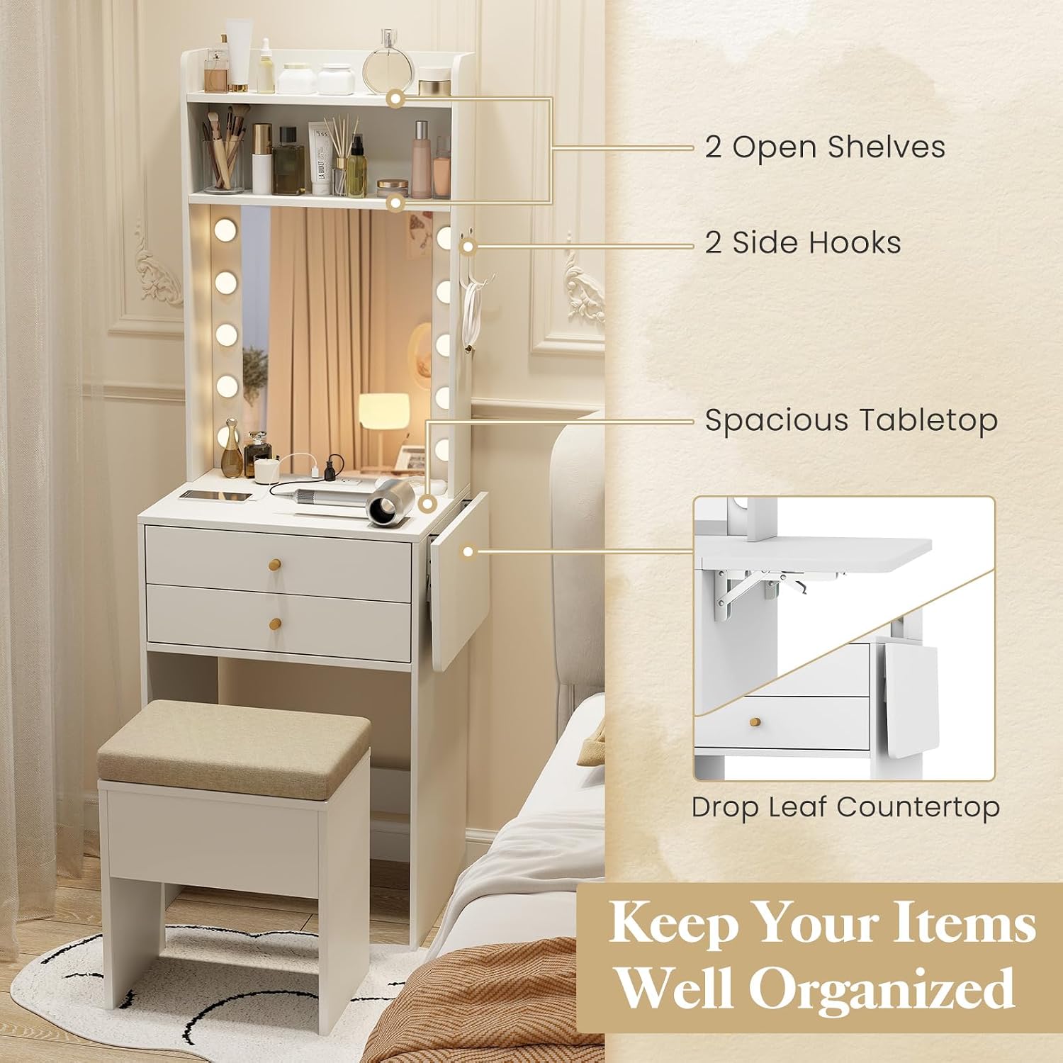 COSTWAY Vanity Desk with Mirror and Lights, Narrow Dressing Table with Foldable Countertop, Padded Stool, 2 Drawers for Apartment, Dorm, Bedroom, Makeup Vanity Set for Girl, Teen, Women (White)