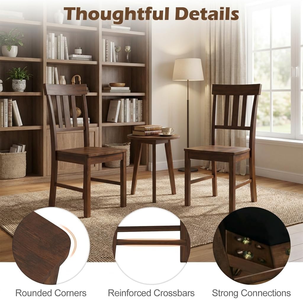 COSTWAY Wood Dining Chairs Set of 4, Solid Rubber Wood Kitchen Side Chair w/Wide Contoured Seat & High Back, Armless Farmhouse Accent Chairs for Kitchen, Living Room, Small Dining Nooks (Dark Brown)