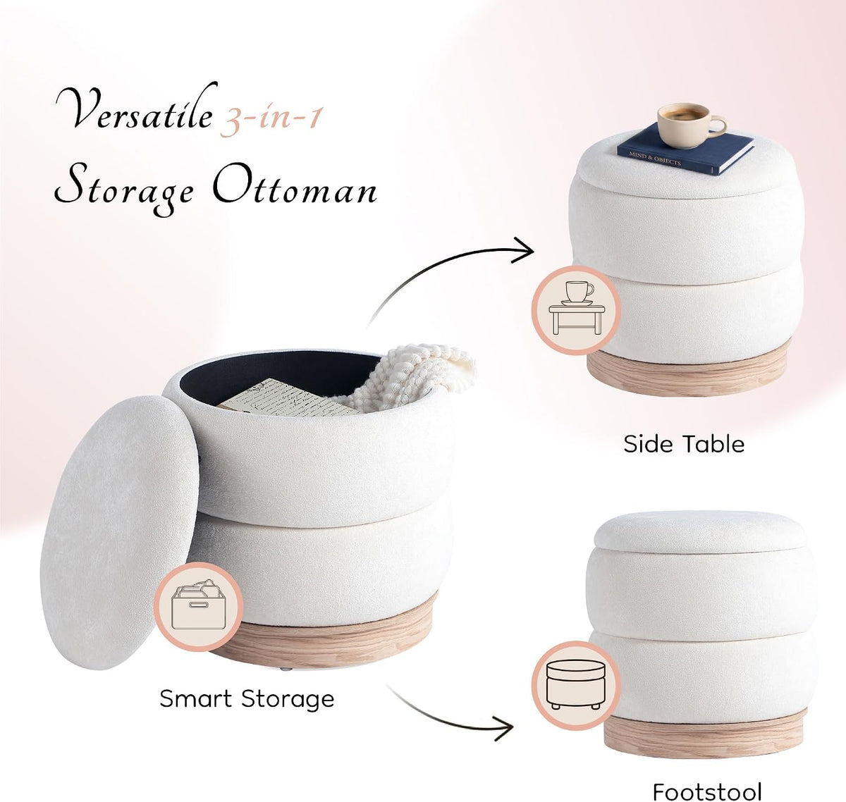 Get Set Style Round Ottoman with Wooden Base, Storage Vanity Stool for Makeup, Upholstered Footrest Stool Ottoman Foot Stool for Living Room, Bedroom