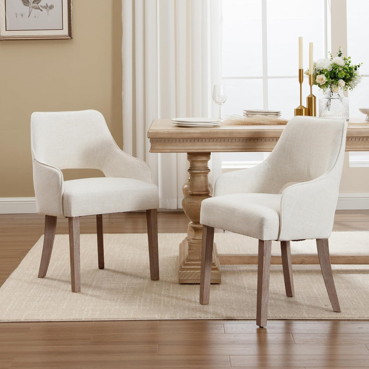 Dining Chairs Set of 2 Linen Upholstered Accent Kitchen Chair with Hollow Back/Padded Seat/Wood Legs for Dining Room Restaurant Home Decor, Beige