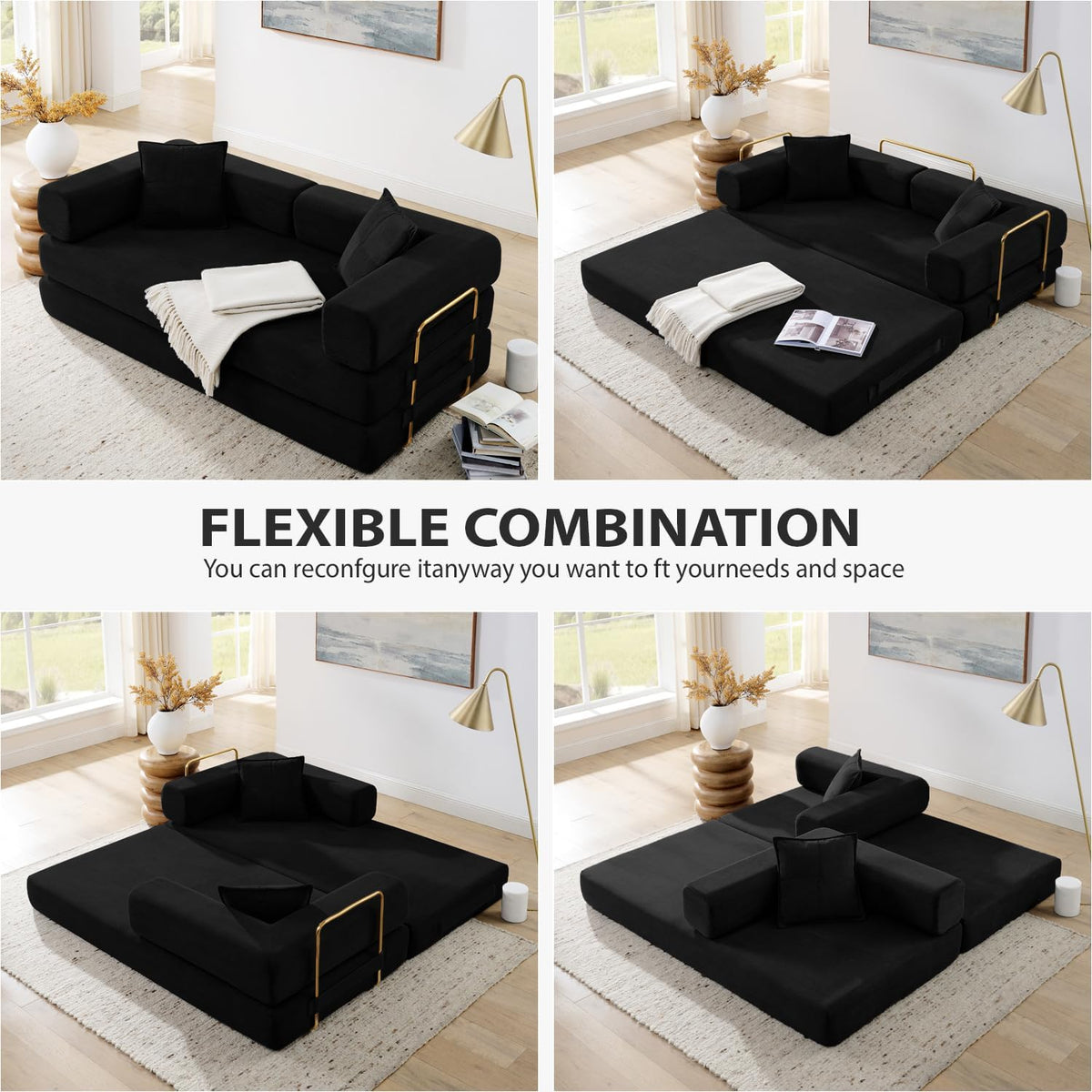 HANXIN 78 Inch Convertible Sleeper Sofa Bed, Folding Floor Mattress Couch with Fixed-Shape Frame, Futon Couch Lounge Loveseat with Pull Out Bed, No Assembly Required (Black)