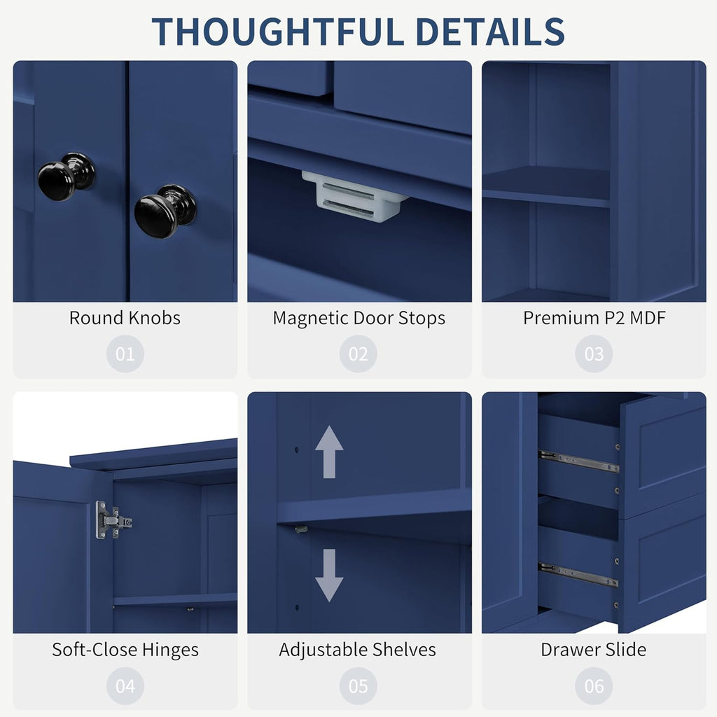71" Tall Kitchen Pantry Storage Cabinet with 3 Pull Out Trays & 2 Large Drawers, Farmhouse Storage Cabinet Cupboard with 6 Doors and Side Cabinets, Pantry Cabinet for Kitchen, Dining Room, Blue