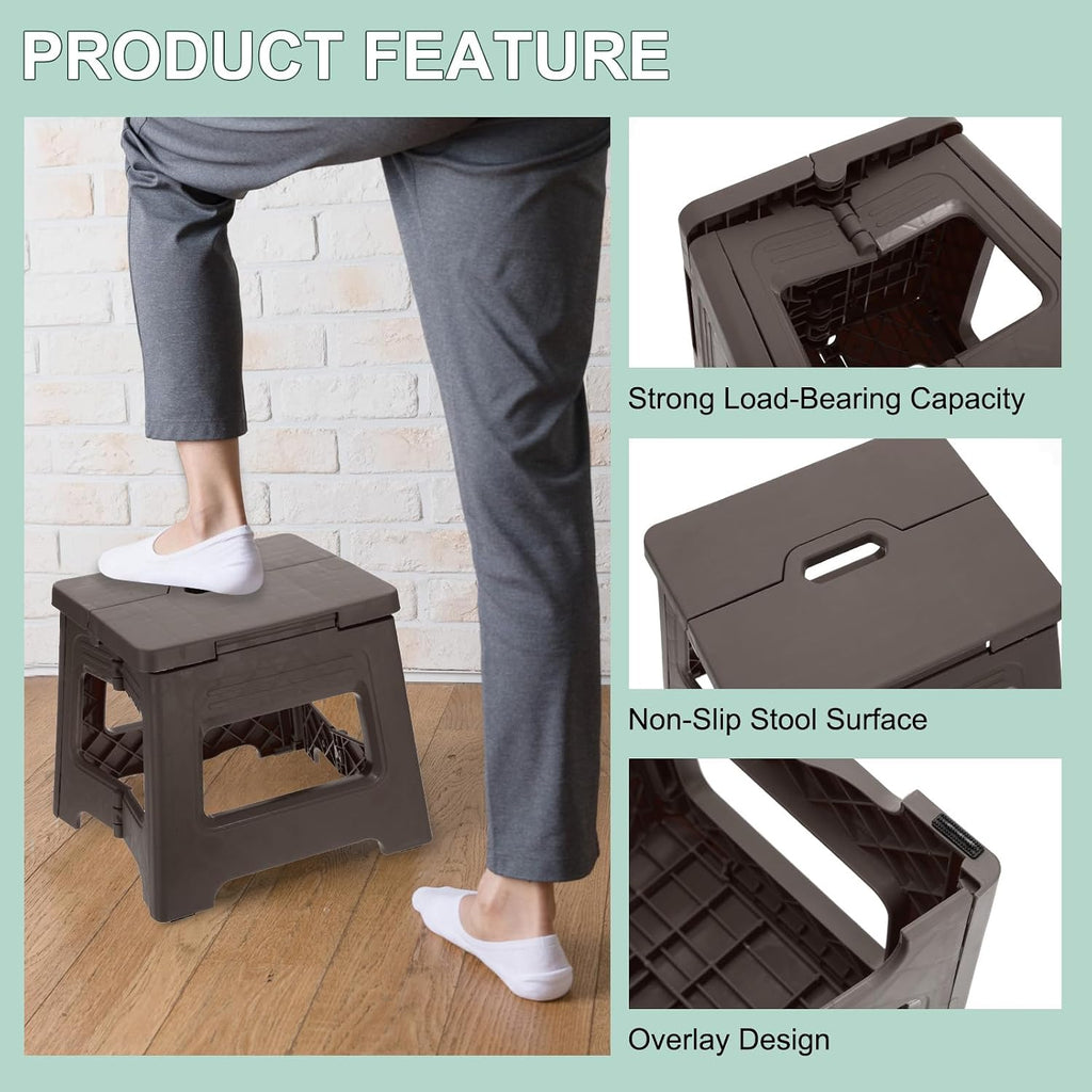 uxcell 8" Folding Step Stool for Adults 88 lbs Capacity Non-Slip Step Stool with Handle Collapsible Foot Stools, Brown Small Stepping Stool for Bathroom, Bedroom, Kitchen