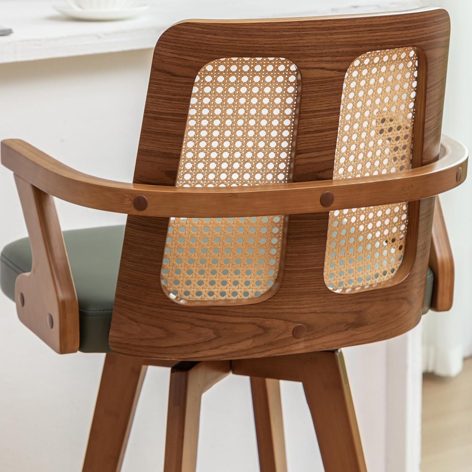 Swivel Counter Stools with Arms, Kitchen Island Stools with Rattan Back | Walnut Bentwood Frame, Curved Arms, Upholstered Seat, Adjustable Bamboo Legs, Counter Top Stools for Island, Pub, Kitchen