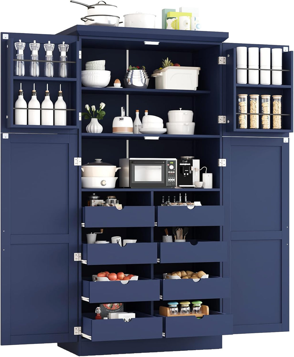 roomfitters 71 Inch Freestanding Kitchen Pantry with 8 Pull-Out Trays and Door Shelves, Shaker Cabinet, Blue