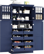 roomfitters 71 Inch Freestanding Kitchen Pantry with 8 Pull-Out Trays and Door Shelves, Shaker Cabinet, Blue