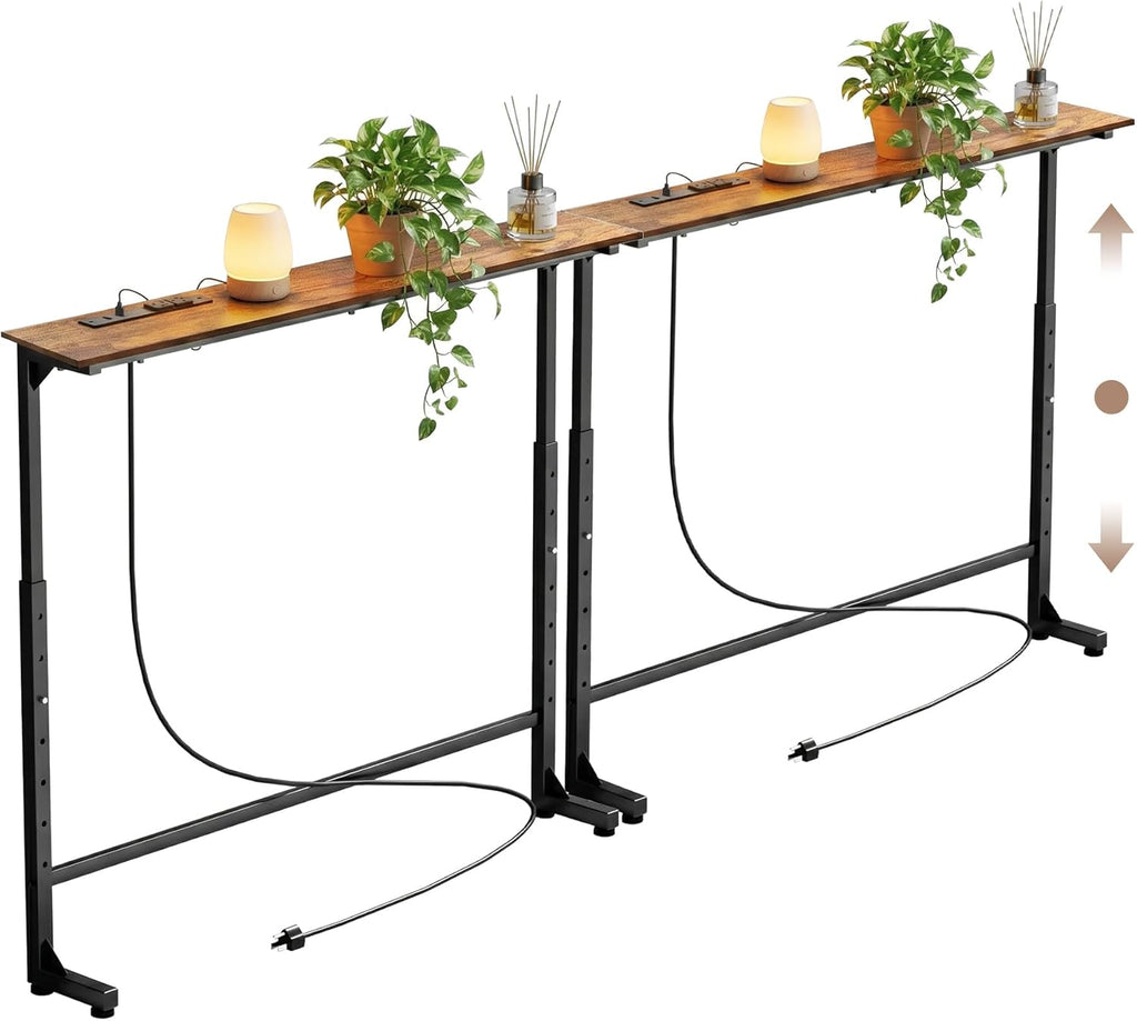 Adjustable Height Narrow Sofa Table with Built-in Power Outlets, 70" Long Console Table Behind Couch Table with Charging Station Skinny Entryway Table for Living Room & Hallway (Rustic Brown)