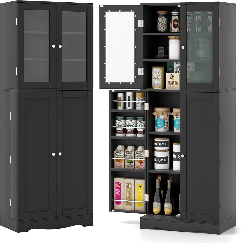 SlickBlue Tall Kitchen Pantry Cabinet with Tempered Glass Doors and Storage Shelves