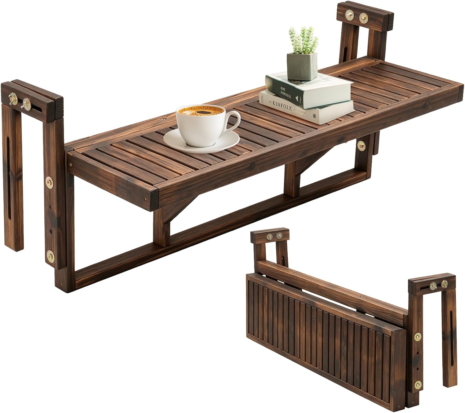 VINGLI 48in Acacia Wood Folding Balcony Hanging Table – Adjustable Height & Width, Balcony Railing Table Ideal for Different Railing Widths, Perfect for Balcony, Patio, Rectangular,Carbonized Color