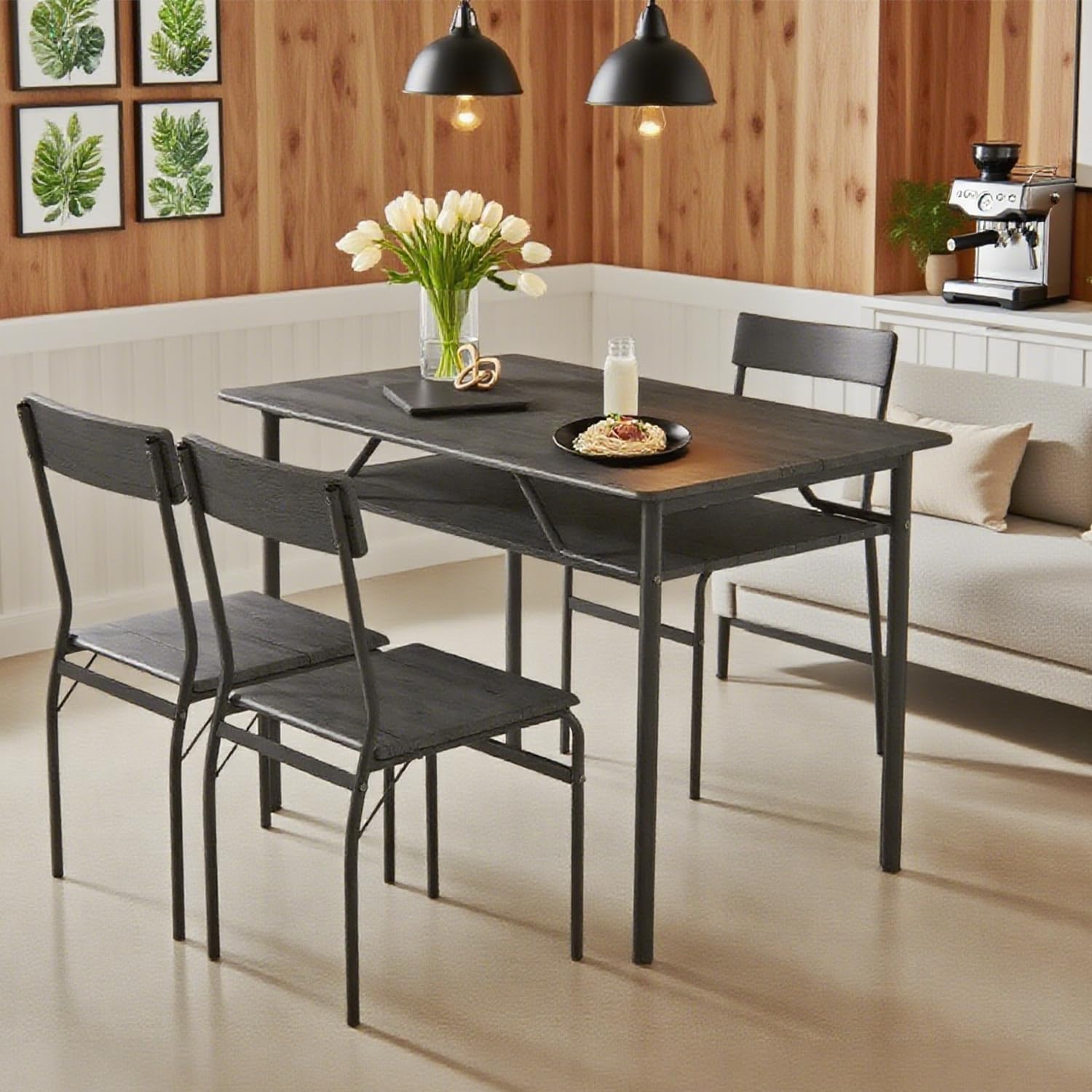 ECOTOUGE Dining Table Set for 4, Wood Kitchen Table and Chairs with Storage Shelves & Metal Frame, Compact Mid-Century Modern Rectangle Dinner Table Sets for Small Space, Apartment, Black