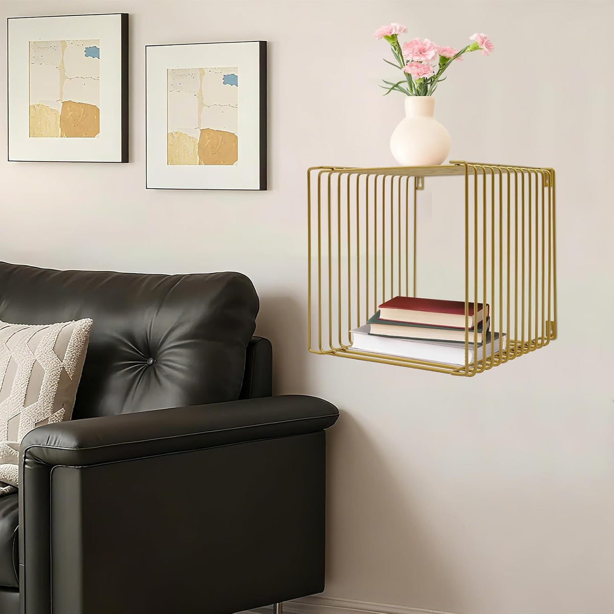 Retro Side Table, Industrial Night Stand, Wire Cube Storage Rack, Coffee Table, Small End Tables, Iron Multi-Purpose Desktop Shelf for Compact Spaces, Living Room Bedroom (Gold, 11.81in)