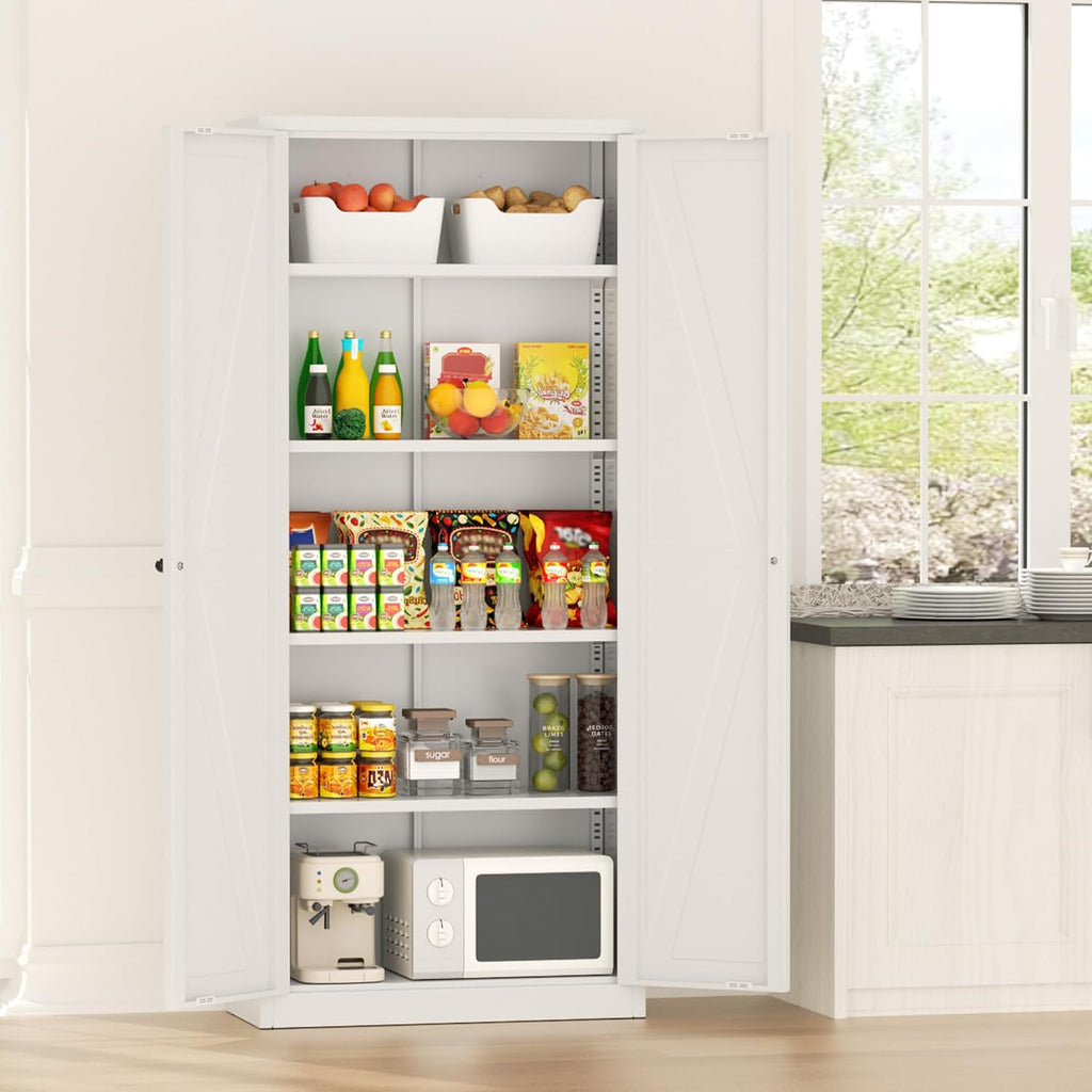 Greenvelly Metal Pantry Cabinet, 63” White Kitchen Pantry Cabinet with Doors and 4 Shelves, Tall Kitchen Cupboard for Laundry Room,Living Room,Dinning Room (Farmhouse)