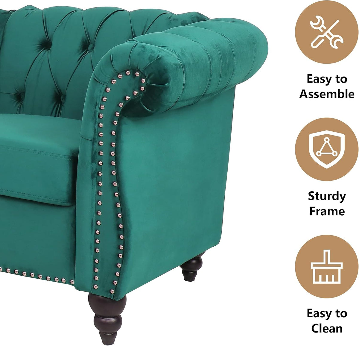 Velvet Sofa Couches Set, 3-Piece Mid Century Modern Upholstered Couch with Cushions, Home Sofa Sectional Furniture Sets, Comfy Tufted Chesterfield Couches for Living Room, Bedroom, Office
