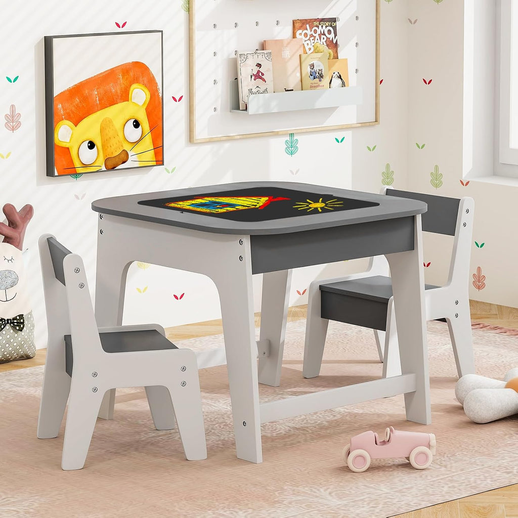 HONEY JOY Kids Table and Chair Set, 3-in-1 Children Wooden Activity Table and 2 Chairs for Art Craft, Reversible Blackboard, 3 PCS Toddler Furniture with Storage, Gift for Boys Girls (Gray)