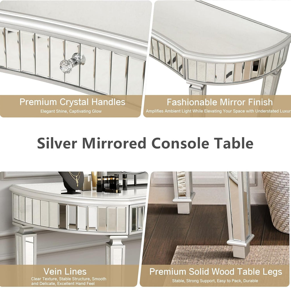 Half-Moon Mirrored Sofa Table with Storage, Semi Circle Entryway Console Table with Fluted Glass & Crystal Knob Drawer,Modern Sofa Table Behind Couch for Living/Dressing Room,Hallway Foyer, Silver