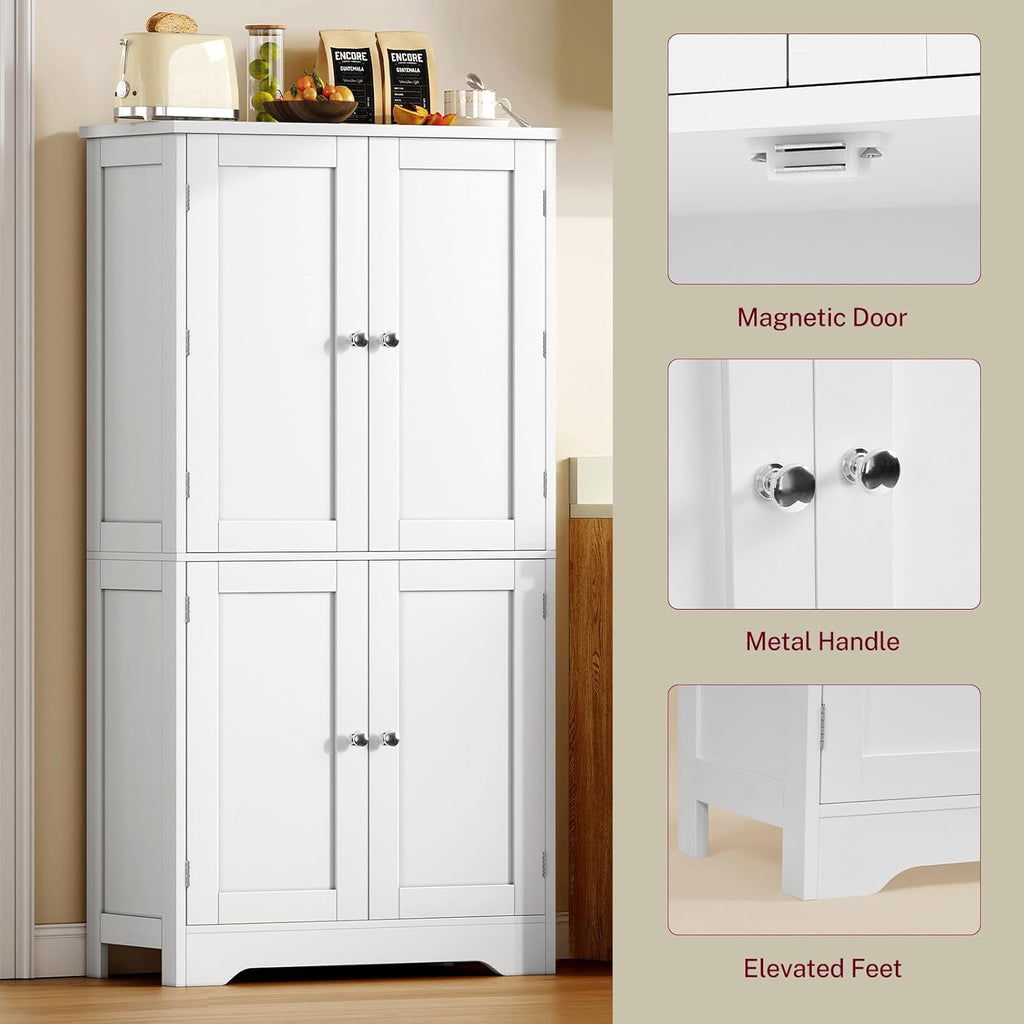 TEENFON 51" H Pantry Cabinet with 4 Doors, Kitchen Cabinet with 6 Door Shelves, Storage Cabinet for Living Room, Dining Room, Bathroom, White
