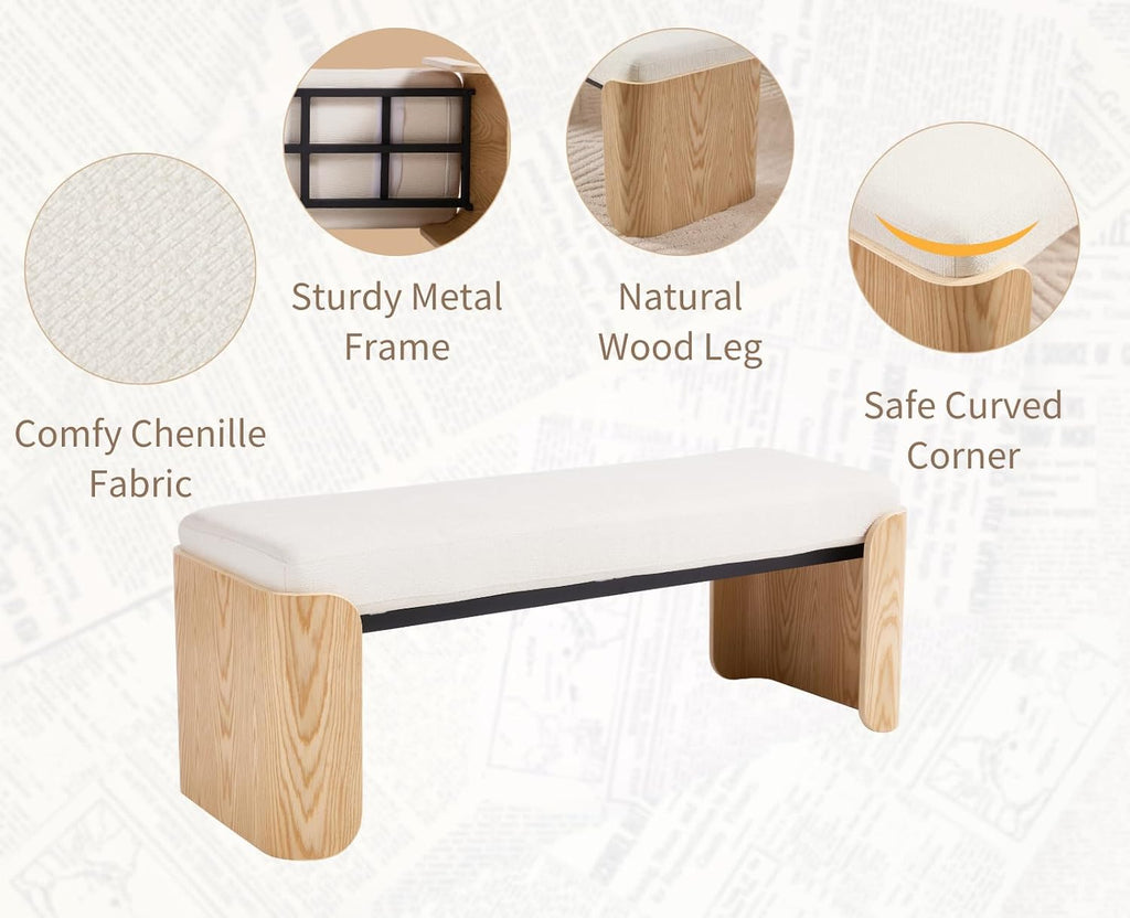 Shunzhi Modern Upholstered Entryway Bench for Bedroom 49” End of Bed Bench with Natural Wood Leg Window Ottoman Bench for Living Room/Bedroom/Hallway/Indoor, White Chenille