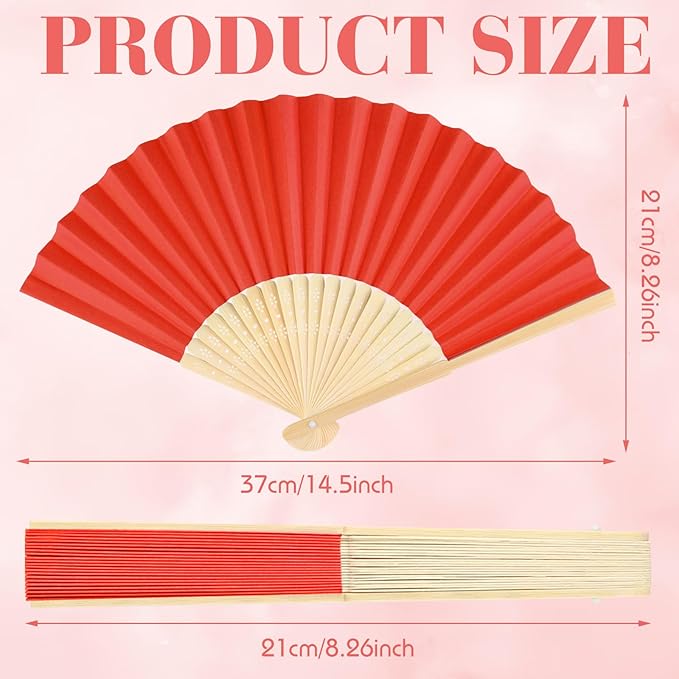12 Pieces Red Hand Held Bamboo Folding Fans Paper Fans Handheld for Women Foldable Girls Wedding DIY Decoration Church Home Party Favors Summer