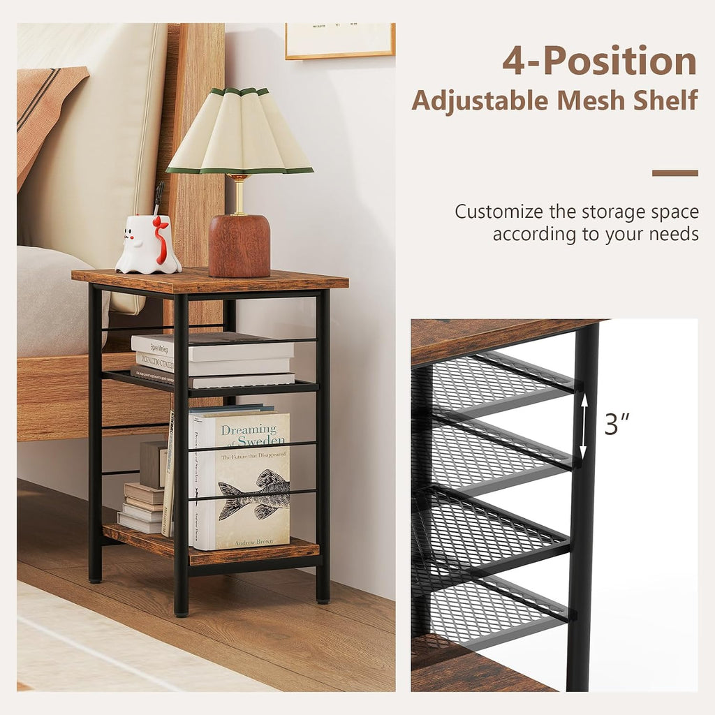 Giantex 3-Tier Side Table with Adjustable Mesh Shelf, Industrial Nightstand, Small End Table Stand for Living Room, Bedroom, Office, 12" D x 15" W x 20" H