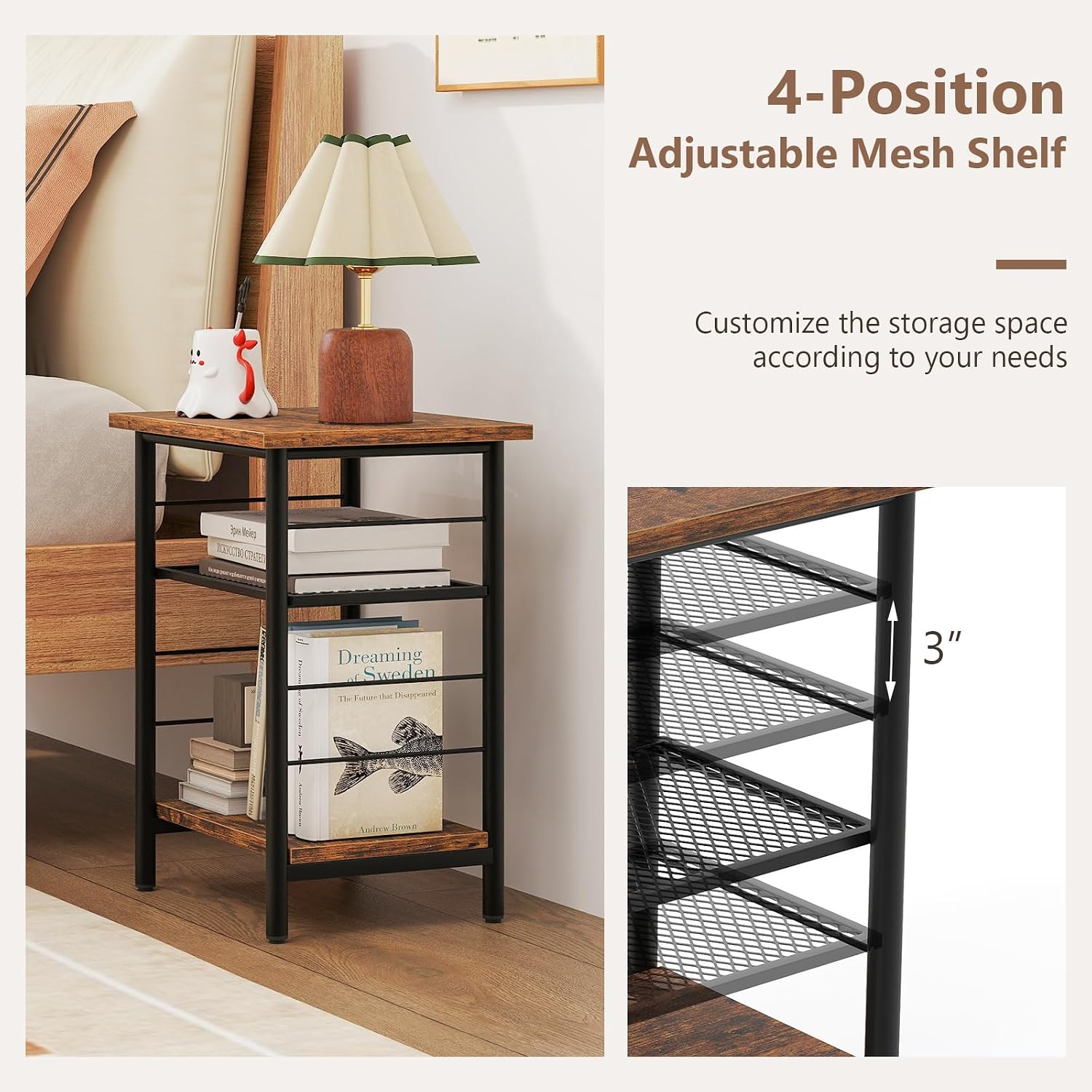 Giantex 3-Tier Side Table with Adjustable Mesh Shelf, Industrial Nightstand, Small End Table Stand for Living Room, Bedroom, Office, 12" D x 15" W x 20" H