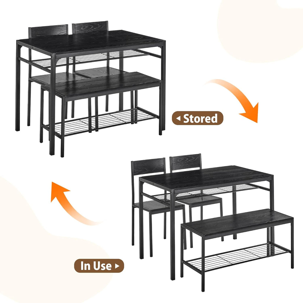 VECELO Kitchen Dining Room Table with 2 Chairs & Bench, Compact Space-Saving Design, Easy Assembly Steel Frame, Perfect for Small Apartments & Breakfast Nooks，Industrial