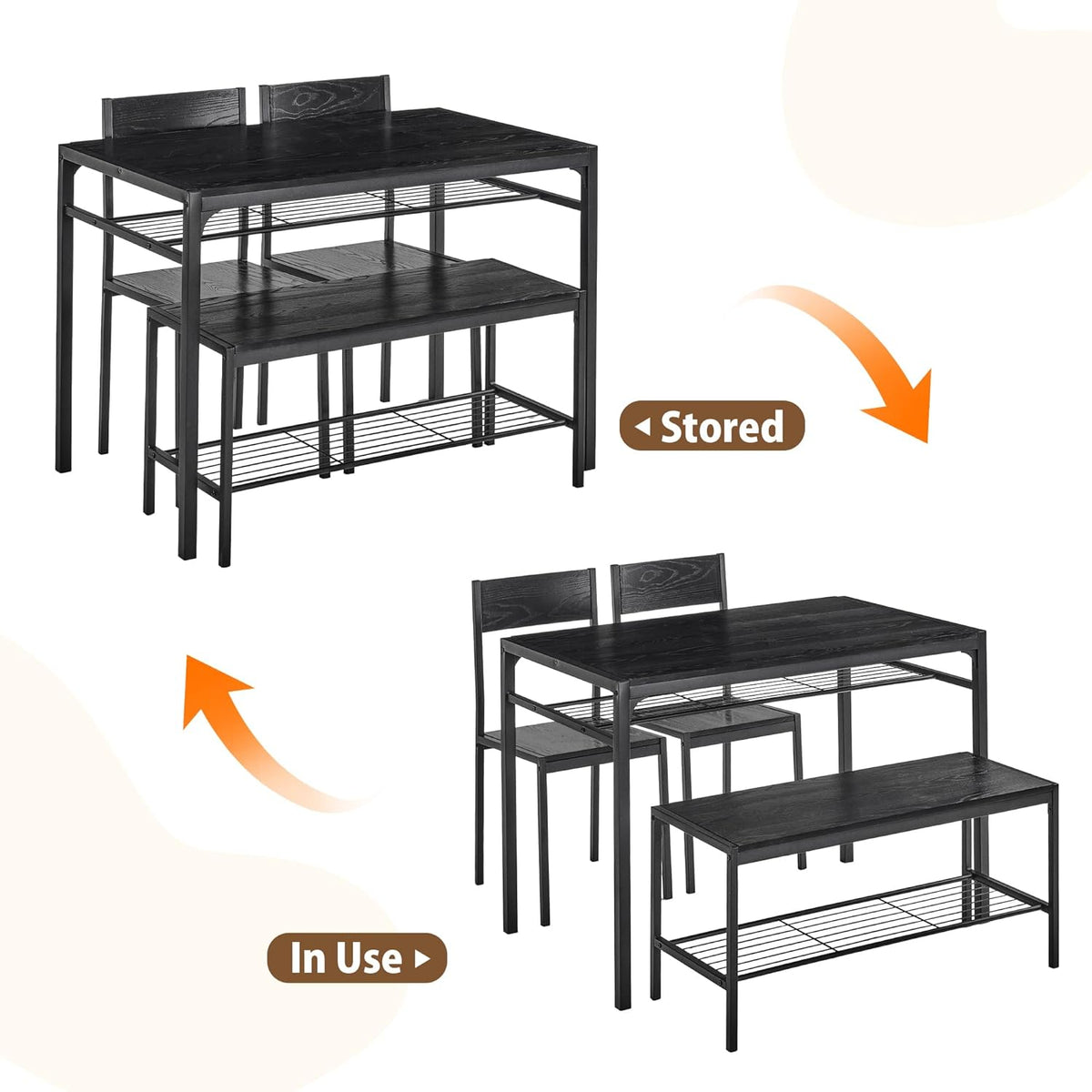 VECELO Kitchen Dining Room Table with 2 Chairs & Bench, Compact Space-Saving Design, Easy Assembly Steel Frame, Perfect for Small Apartments & Breakfast Nooks，Industrial