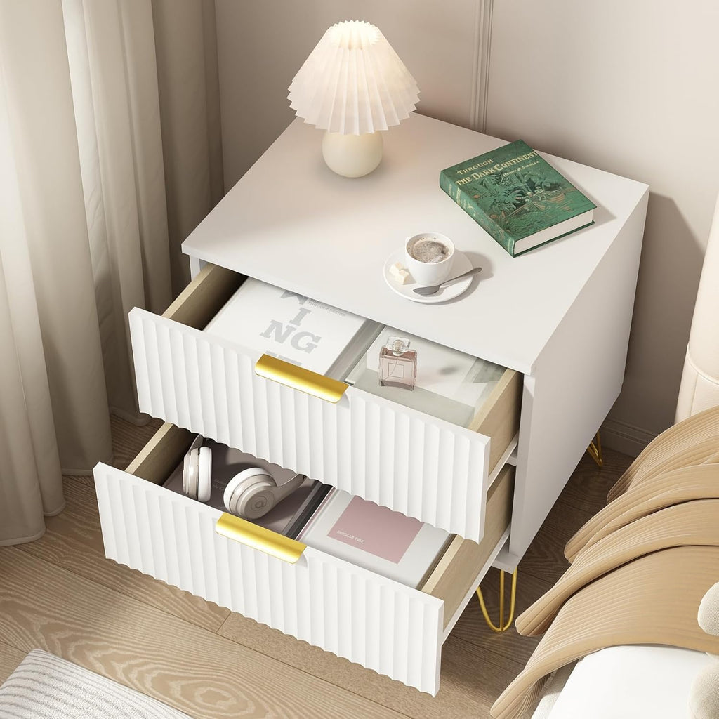 White Fluted Nightstand Set of 2, Modern Bedside Table with 2 Drawers and Gold Legs, 19.7’’ Night Stand Wood End Table for Bedroom