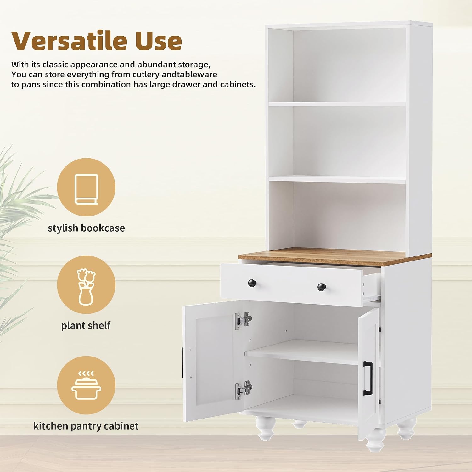 Farmhouse Kitchen Pantry Cabinet, 63'' Tall Storage Cabinet Wood Food Pantry with 2 Drawers & Adjustable Shelves, Kitchen Hutch Bookshelf for Dining Room (White)