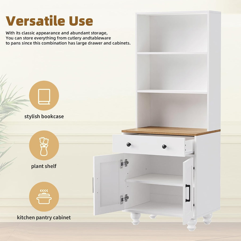DSHADE Farmhouse Pantry Cabinet with 4 Solid Wood Gourd-Shaped Legs, Modern Kitchen Cabinet with Adjustable Shelves, 5 Tier Bookshelf with Drawer for Living Room, White