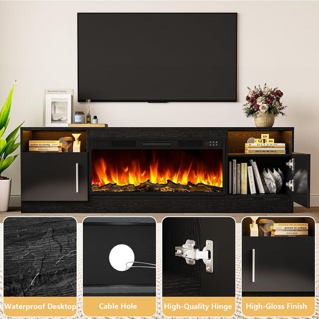 Tavata Fireplace TV Stand 70" Entertainment Center with 36" Fireplace, Wooden TV Stand for TVs Up to 80", Media TV Console with High Gloss Storage Cabinet and 20 Colors LED Lights (Black)