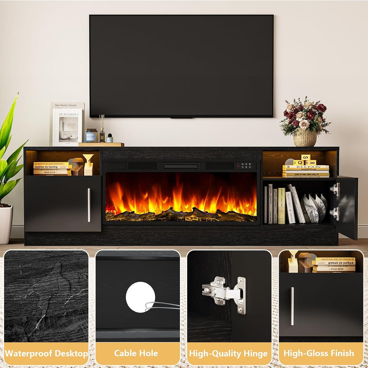 Tavata Fireplace TV Stand 70" Entertainment Center with 36" Fireplace, Wooden TV Stand for TVs Up to 80", Media TV Console with High Gloss Storage Cabinet and 20 Colors LED Lights (Black)