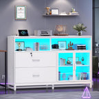 SEDETA 59" Filing Cabinet with Lock Drawers fits Legal Size for Home Office | White Lateral 2 Drawers File Cabinet with Acrylic Display Cabinet, Power Strip, Printer Stand with Storage Shelves for Office