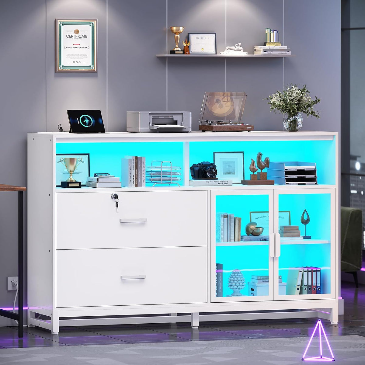 SEDETA 59" Filing Cabinet with Lock Drawers fits Legal Size for Home Office | White Lateral 2 Drawers File Cabinet with Acrylic Display Cabinet, Power Strip, Printer Stand with Storage Shelves for Office