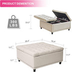 Redlife 35 Inch Large Square Storage Ottoman, Coffee Table Ottoman, Linen | Lift Top Ottomans Bench Square Footrest Oversized Upholstered Coffee Table for Living Room Bedroom (Beige)
