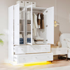 VOWNER Wardrobe Closet with 3 Doors Bedroom Armoire with Mirror & 4 Drawers