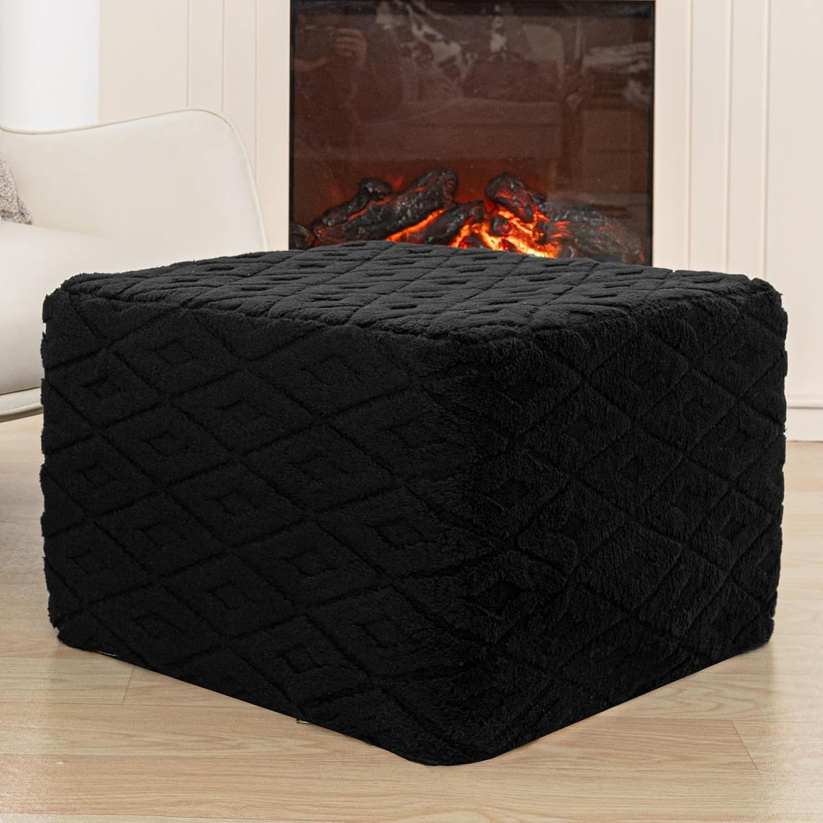 Fluffy Square Ottoman Pouf with All-in-One Foam Filling 20 x 14 Inches Furry Ottoman Foot Rest Foot Stool for Living Room or Bedroom (Black)