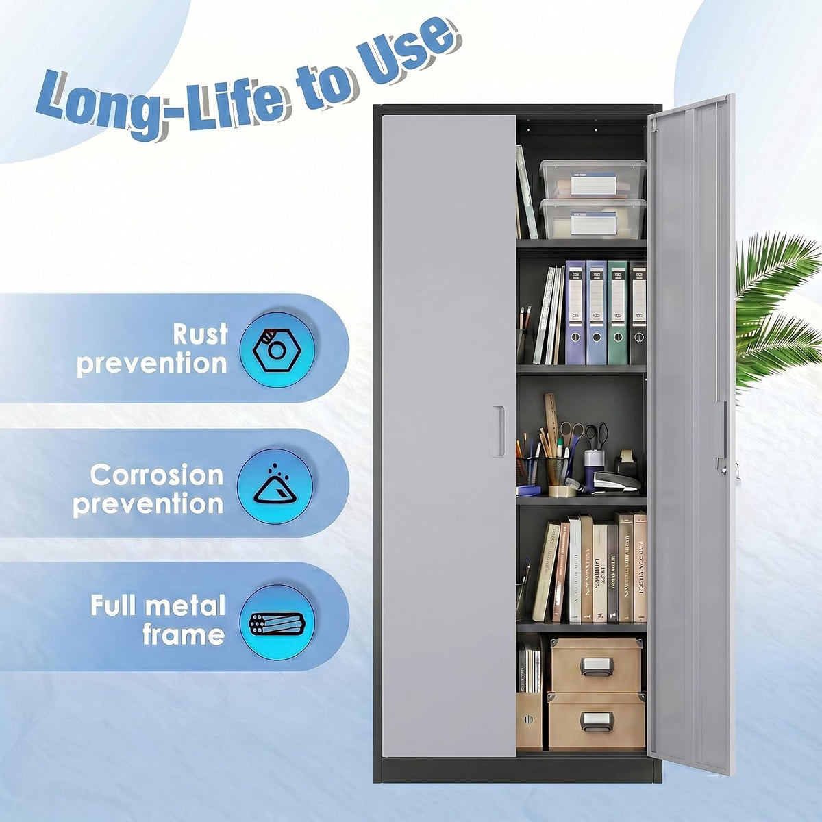 71-Inch Lockable Metal Storage Cabinet, Black and Gray | 15.75"D x 31.50"W x 70.87"H; 4 adjustable shelves; 120 lb per shelf; lock with 2 keys; assembly required.