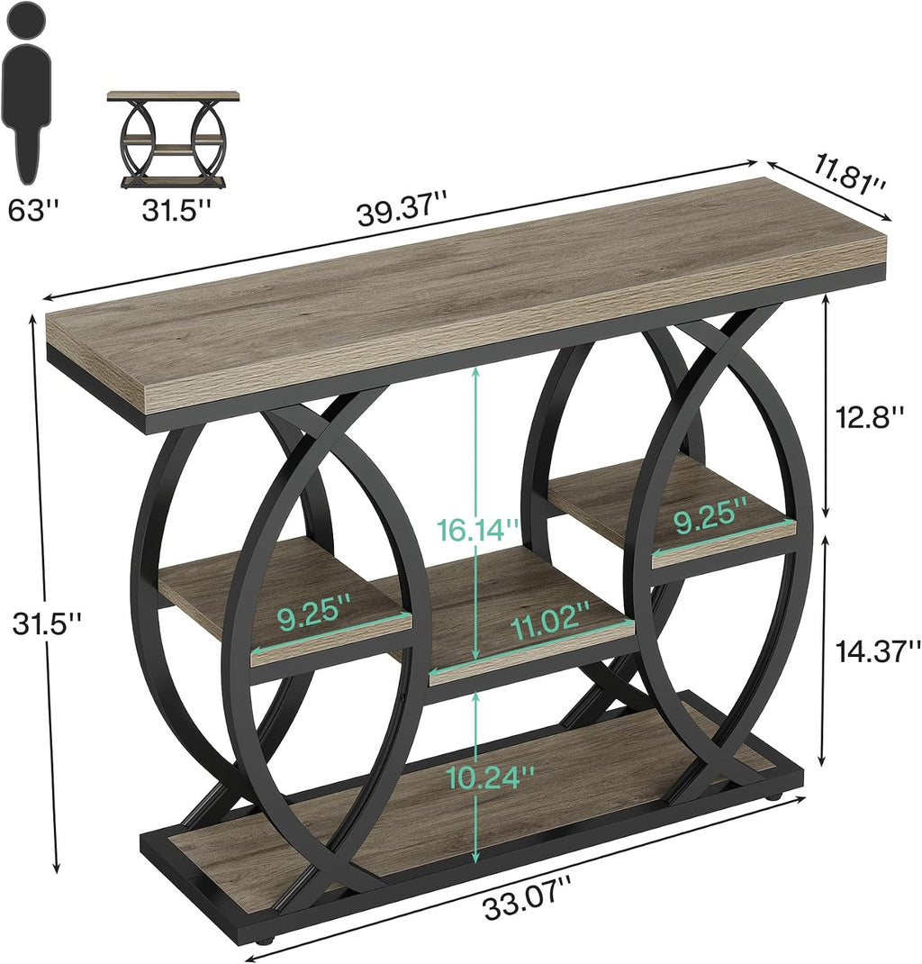 Tribesigns 39.4" Console Table, 4-Tier Sofa Table, Accent Tables, Grey | Storage Shelves, Wood Tabletop with Metal Frame, Industrial Style, For Narrow Entryway, Hallway, Behind the Couch