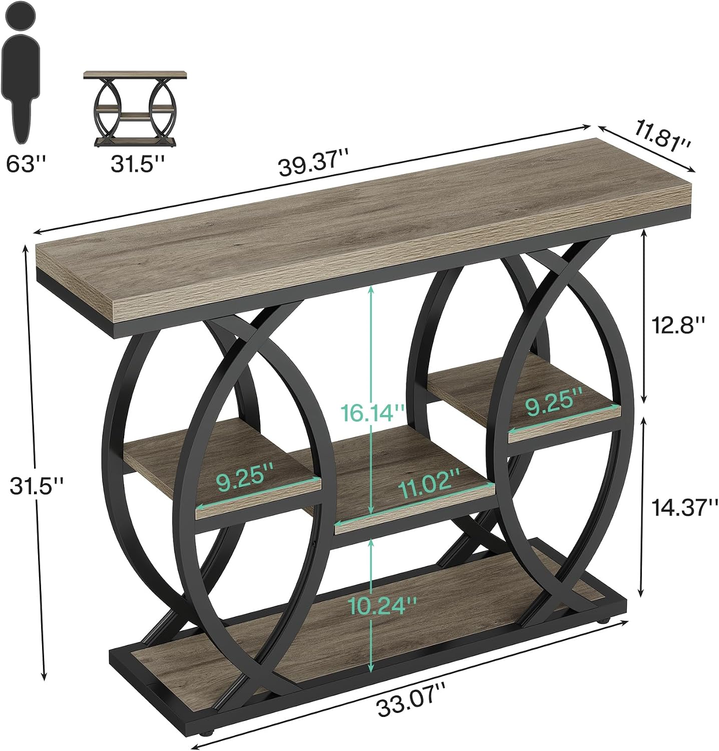 Tribesigns 39.4" Console Table, 4-Tier Sofa Table, Accent Tables, Grey | Storage Shelves, Wood Tabletop with Metal Frame, Industrial Style, For Narrow Entryway, Hallway, Behind the Couch