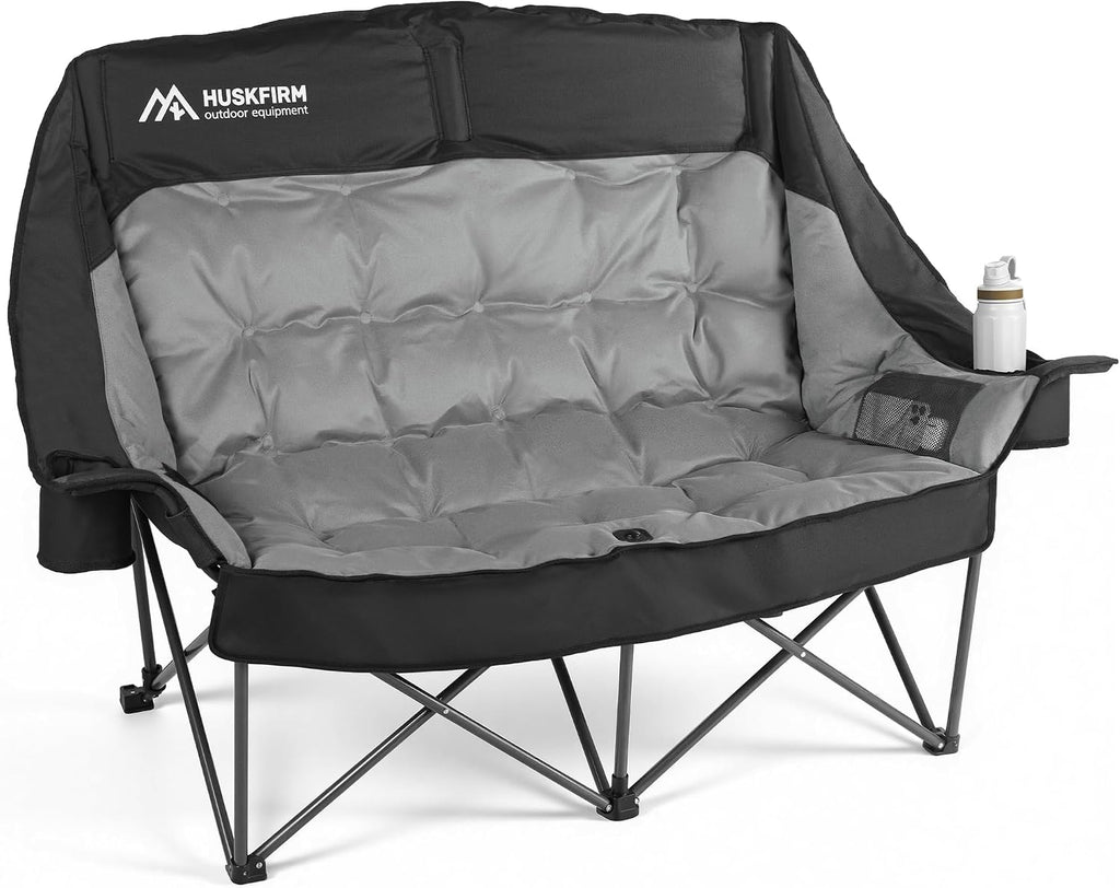 Huskfirm High Back Double Camping Chair 2 Person Camping Chair Low Seat Loveseat Camping Chair Fully Padded Oversized Camping Couch for Adults - Supports 650 LBS with Cup Holders Carry Bag - Black