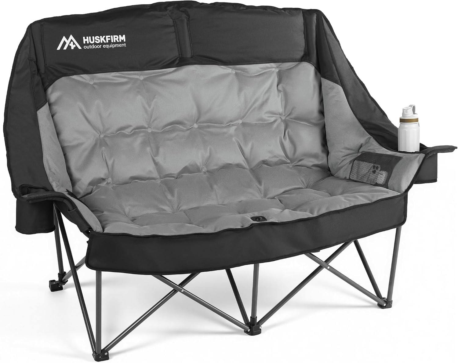 Huskfirm High Back Double Camping Chair 2 Person Camping Chair Low Seat Loveseat Camping Chair Fully Padded Oversized Camping Couch for Adults - Supports 650 LBS with Cup Holders Carry Bag - Black
