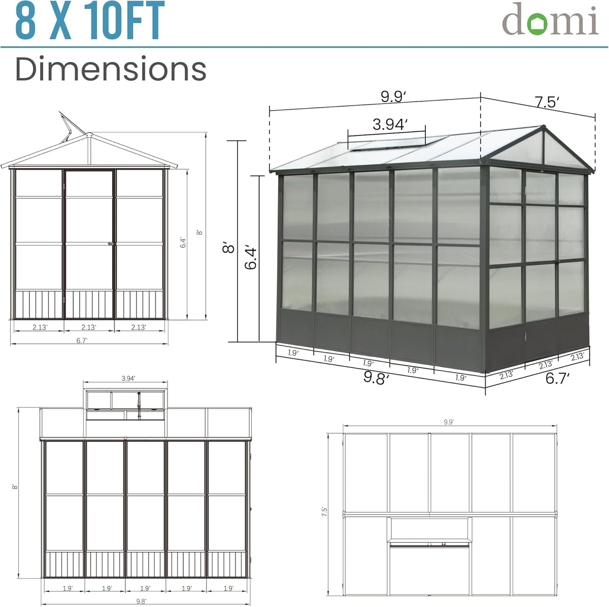 Domi 8x10FT Polycarbonate Greenhouse with Automatic Vent, Extra Tall 8FT Walk-in Aluminum Frame, Weather-Resistant Green House with Shelves & Hooks for Outdoor Garden, Backyard, Dark Grey