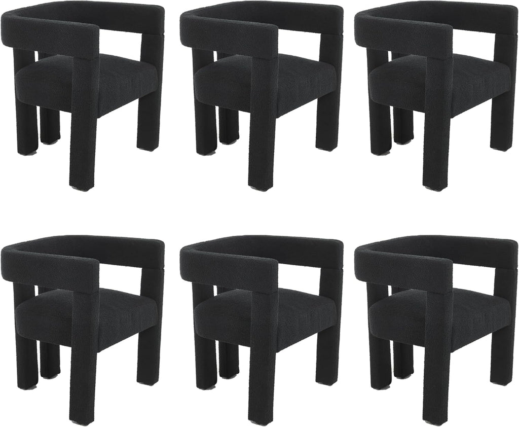 Boucle Barrel Side Chairs Set of 6, Modern Designed Upholstered Comfy Sherpa Fabric Accent Kitchen/Dining Chair, Kitchen Armchair for Living Room Dining Room Bedroom (Black, Set of 6)