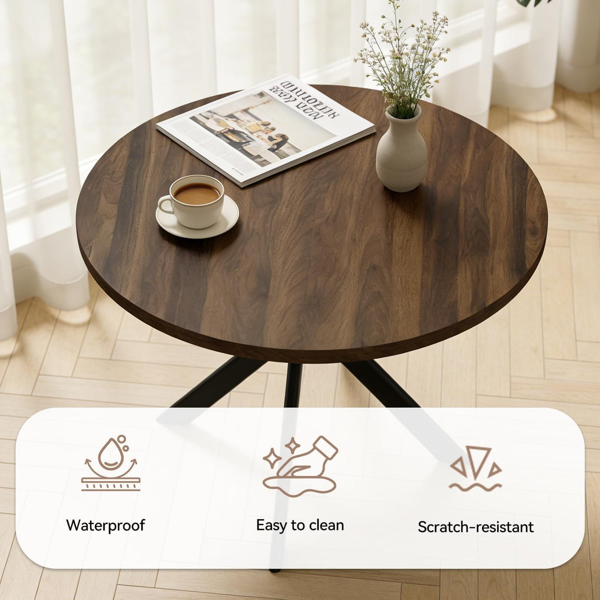 44" Round Dining Table Set for 4, Modern X-Shaped Metal Leg Table | Cushioned Cozy Brown Chairs of 4, Mid-Century Walnut Tabletop, Dinette set for Kitchen, Dining Room & Apartments