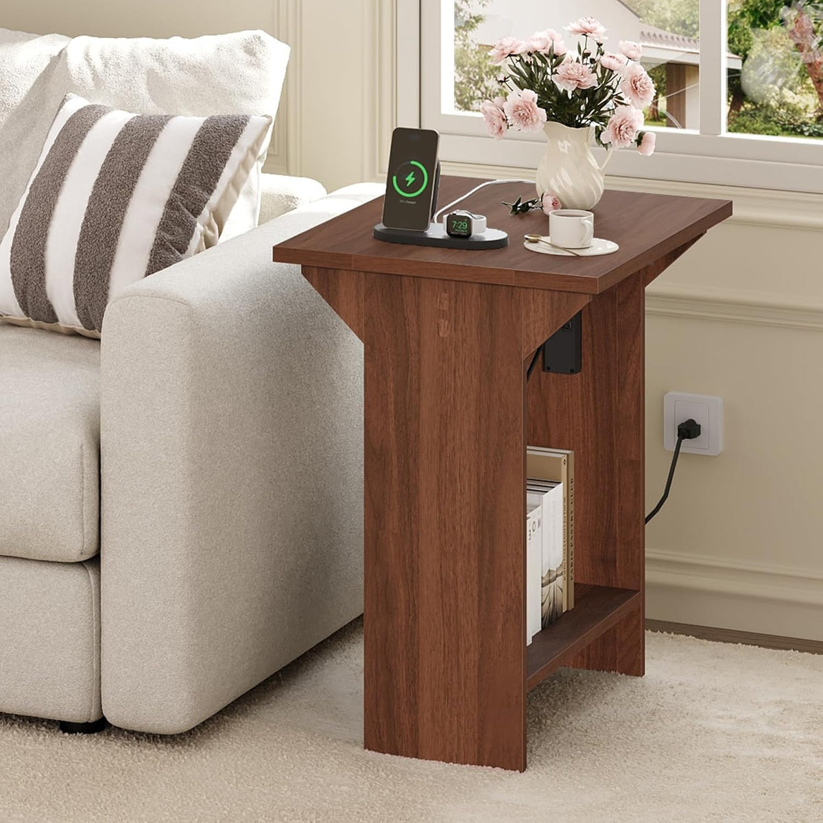 MAHANCRIS End Table with Charging Station, Foldable Narrow Side Table, Narrow Nighstand with Folding Top, Small Side Table for Small Spaces, for Living Room, Bedroom, Walnut ETZB74E01