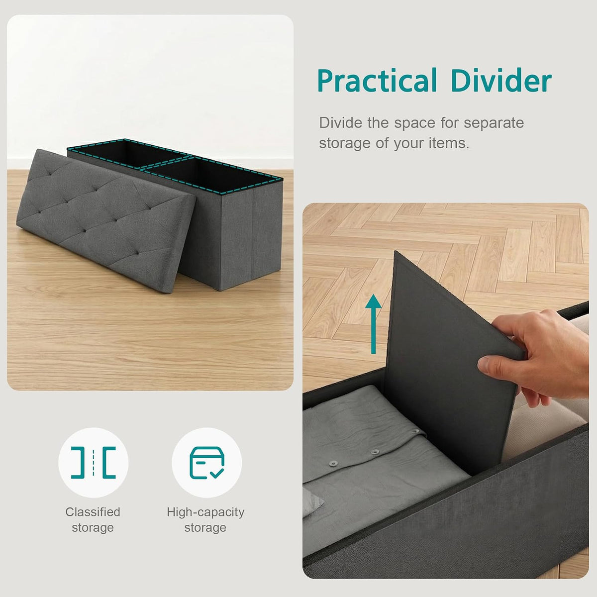 VECELO 43'' Folding Storage Ottoman Bench, Storage Chest, Linen Fabric Foot Rest Stool, 158L Storage Footstools for Bedroom and Living Room, Holds up to 660 lbs, DGRY