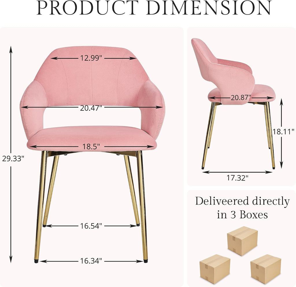 VECELO Velvet Dining Chairs Set of 6, Modern Upholstered Kitchen Chairs with Cushion, Padded Backrest and Metal Legs, Pink