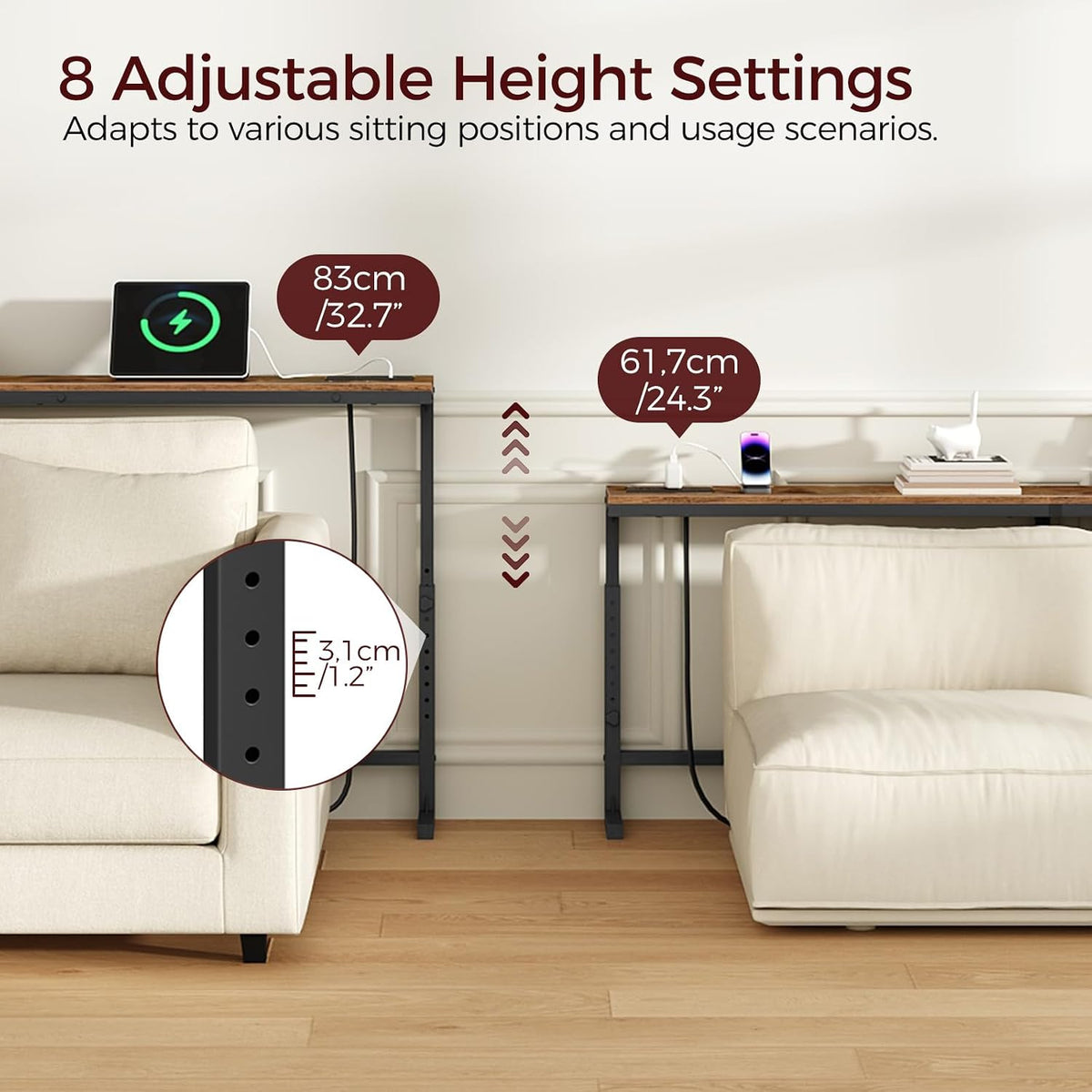 MAHANCRIS 102.3" Console Table with Adjustable Height(24.3"-32.7"), 5.9" Sofa Table Narrow Long with Outlet, L-Shaped Behind Couch Table, Skinny Console Table, Small Space, Rustic Brown CTHR826E01