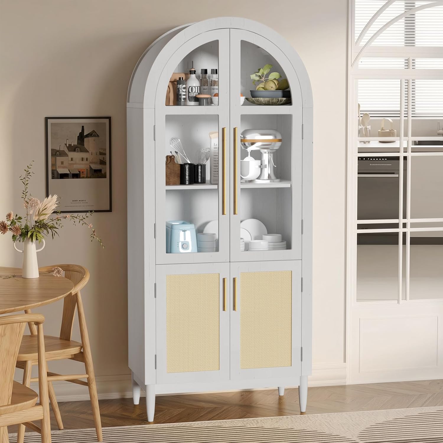 71" Tall Arched Cabinet with Glass Doors, Kitchen Pantry Storage Cabinet with Dust-Proof Rattan, 5-Tier Curio China Cabinet with Adjustable Shelves for Living Room Dining Room, White