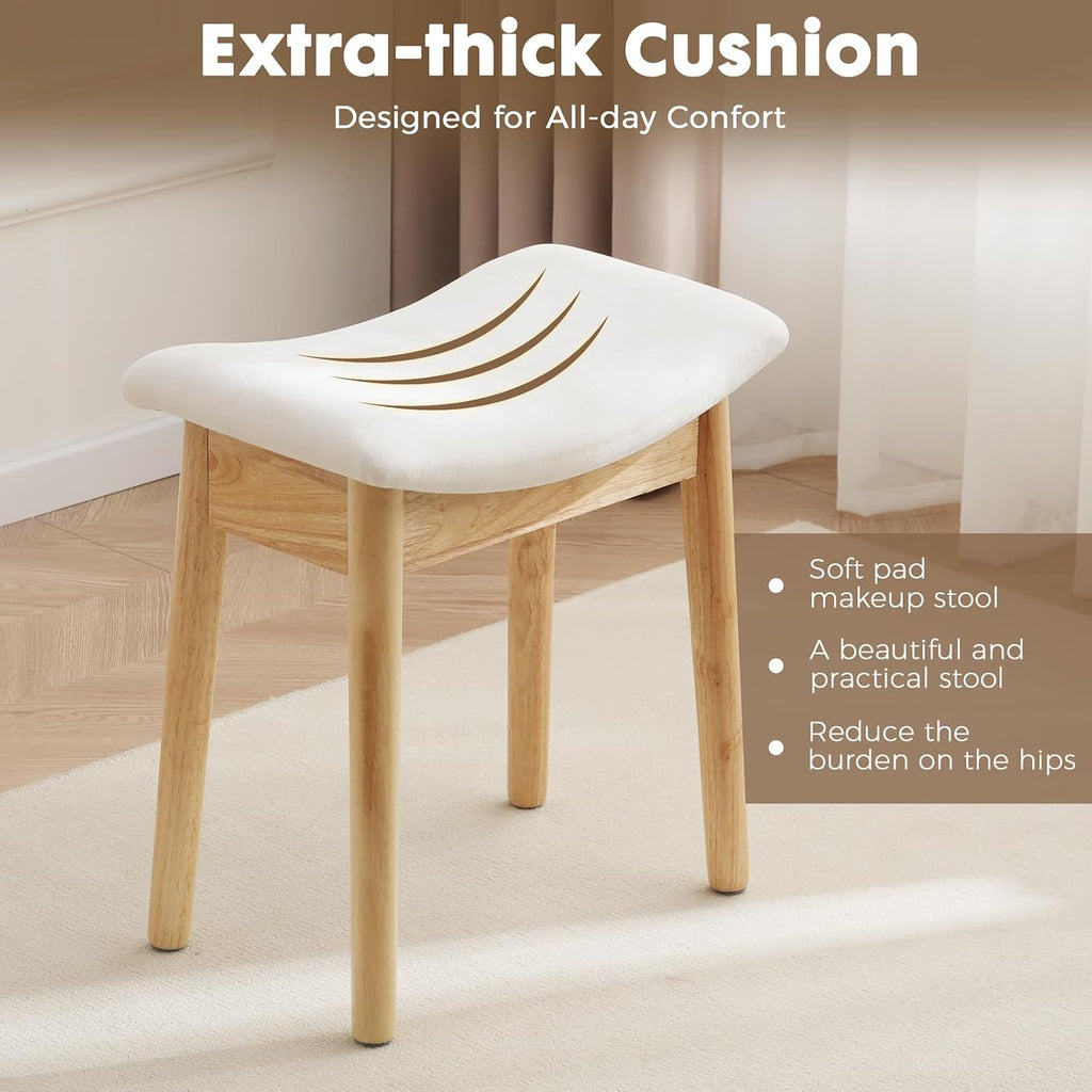 18" Small Vanity Chair Ottoman Bench Saddle Cushion Linen Beige | Soft Saddle Linen Stool, Footrest, Ottoman, Compact for Bedrooms, Living Rooms. Sturdy Esay Assembly(Classic-Beige)